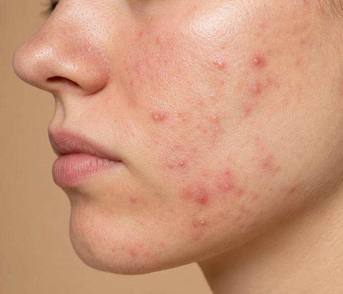 Close-up of different acne types on the cheek, treated at The Skin Firm Sheffield